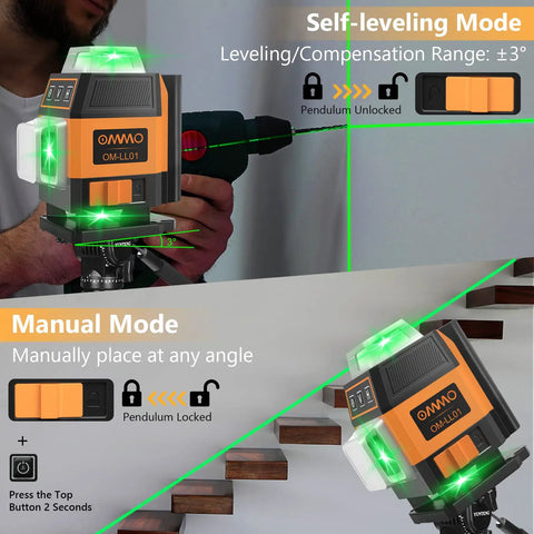 Green Laser Level Self Leveling Kit With 16 Laser Lines, 4x360 Degree Coverage, 150ft Range in self-leveling and manual modes