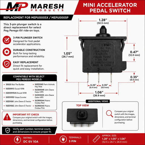 Direct Swap Replacement Mini Accelerator Pedal Switch, Three Pin Plunger Foot Switch Fits MEPU0005X And MEPU0005P Rides, detailed view with dimensions.