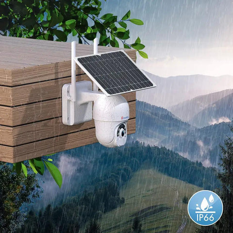 Rugged Solar Wireless Security Camera With 2.5K 4MP Clarity Outdoor Battery Powered 10000mAh 360 Degree PTZ on wood in rain