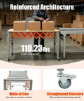 Heavy Duty Adjustable Conveyor Roller Table With Universal Wheels For Moving Wood And Construction Materials Up To 110lbs Loading Capacity, showing reinforced structure and locking wheels.