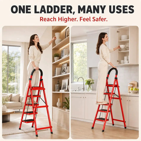 5 Step Folding Ladder For Home And Garage Portable Anti Slip Multi Use Step Stool For Kitchen Office And More Ultra Compact Easy To Store Sturdy Durable Construction Built To Last red alloy steel 5-step ladder in kitchen and living room