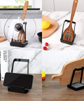 Hella Convenient Multi Function Kitchen Utensil And Pot Lid Organizer Pad With Spoon Rest Ladle Holder Catch Mat Drip Tray Washable Heavy Duty Stick Mount Black with lids and utensils.