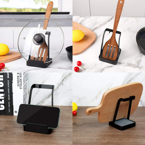 Hella Convenient Multi Function Kitchen Utensil And Pot Lid Organizer Pad With Spoon Rest Ladle Holder Catch Mat Drip Tray Washable Heavy Duty Stick Mount Black with lids and utensils.