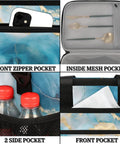 Insulated Picnic Backpack Lunch Bag For Women And Men with blue marbling design, front zipper pocket, and inside mesh pocket