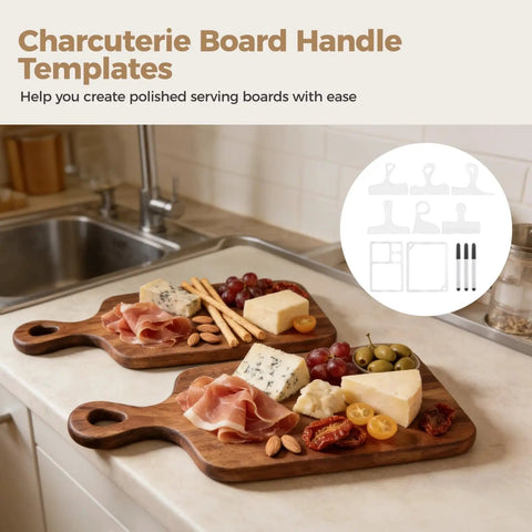 Dope 8 Piece Router Templates Woodworking Kit For Chopping Killer Charcuterie Board Handles And Tray Moulds Durable Acrylic Guides With Marking Pens For Smooth Diy Masterpieces displayed on two wooden serving boards loaded with assorted cheeses and meats.