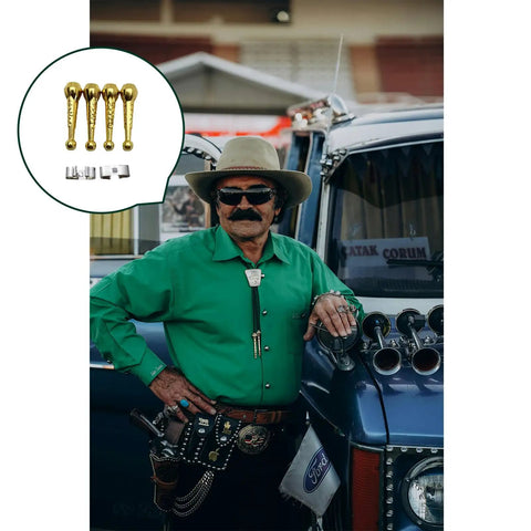 Bolo Tie Making Kit With 24 Cord End Findings And 12 Slide Clasps In Gold Silver Bronze Three Color Set shown with western style tie