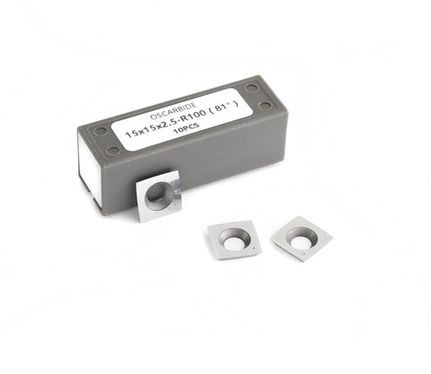 Pro Grade Spiral Shelix Carbide Insert Set For Wood Planer Heads, 15mm Square Cutters 15x15x2.5mm R100 81 Degree, shown with box