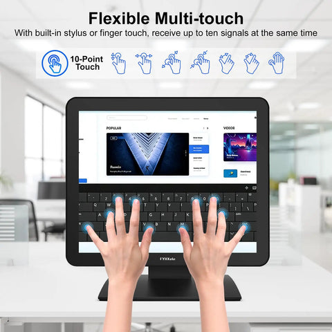 Flexible 17 Inch Capacitive Touchscreen Monitor With Ten Point Multi Touch in use, showing hands typing on a virtual keyboard.