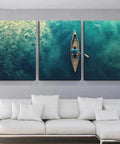 Teal Ocean Canoe Wall Art Canvas Print for Living Room with Modern Aesthetic Seascape and Floral Touch, Unframed 8x12 Inches