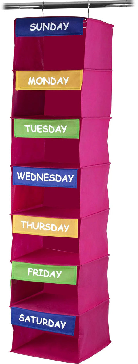 Seven Shelf Kids Hanging Closet Organizer With Weekday Labels In Pink Portable Wardrobe Storage for Easy Outfit Planning