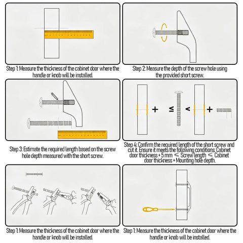 Installation steps for Two Pack Brushed Gold Cabinet Knobs Set For Drawers And Doors with screw measurement instructions.