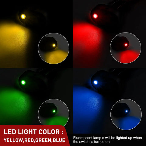 Five Pack LED Lighted Rocker Switch 12V 30A 3 Pin SPST with red, yellow, green, blue illumination on surfaces