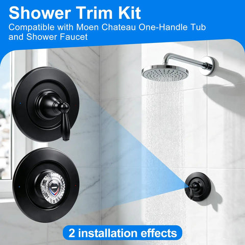 Upgrade Your Bathroom With This Sleek Shower Trim Kit Compatible With Moen T470 Chateau Tub And Shower Valve Featuring Easy Install Distinct Red Blue Indicators For Ultimate Water Control Style. matte black shower trim kit with round handle and showerhead