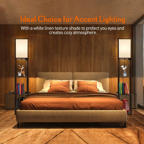 Floor Lamp With Shelves And LED USB Type C Ports Built In AC Outlet Three Color Temperatures Storage Display Walnut Wood Column Tall Standing Lamp For Living Room Bedroom Or Office