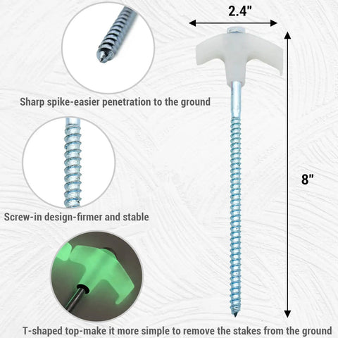 Beefy 12 Pack Screw In Tent Stakes 8 Inch Metal Ground Pegs with hex head and glow feature, detail view with dimensions.