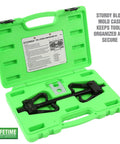 Coil Spring Compressor Tool for Cars and Trucks in green case with safety gauge and built-in locking detent latches.