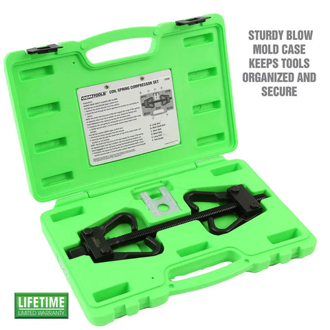 Coil Spring Compressor Tool for Cars and Trucks in green case with safety gauge and built-in locking detent latches.