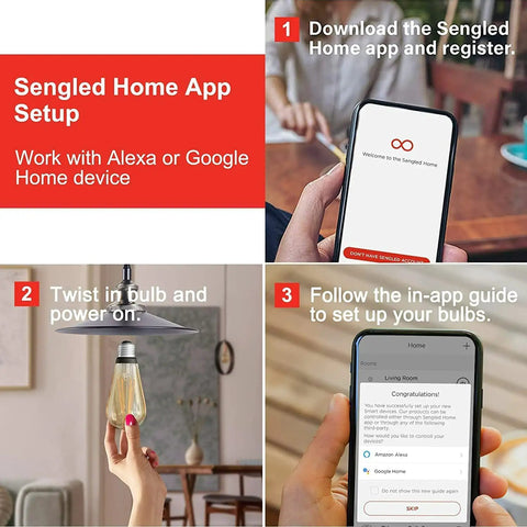 Steps to set up Vintage Filament LED Smart Edison Bulbs 60 Watt Equivalent with Alexa and Google via Sengled app on a phone.