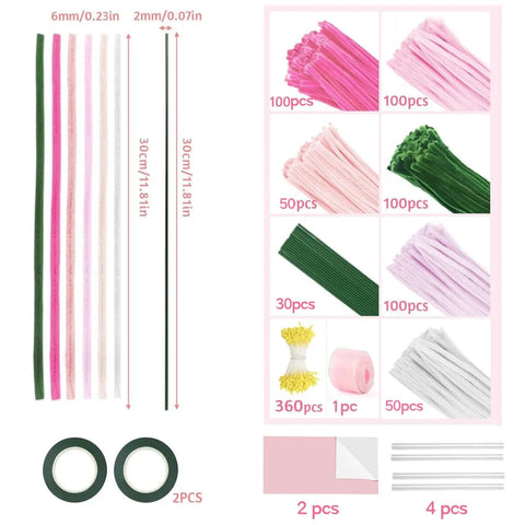 Bulk 500 Pcs Pipe Cleaners Craft Kit With 6 Color Chenille Stems For DIY Flowers Pink Pack Includes Floral Stems Stamens Glue Sticks Ribbon Tape And Floral Paper Gift For Kids Art Projects And Fun, 30cm stems
