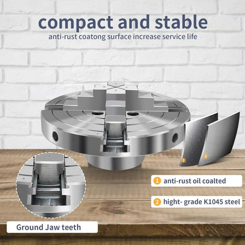 6 Inch Wood Lathe Chuck Set with Four Self Centering Jaws, anti-rust coated, K1045 steel, precise turning tool on wooden table