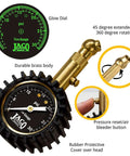 JACO Elite Low Pressure Tire Gauge front view; brass body with glow dial and 0–30 psi scale