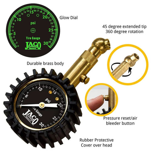 JACO Elite Low Pressure Tire Gauge front view; brass body with glow dial and 0–30 psi scale
