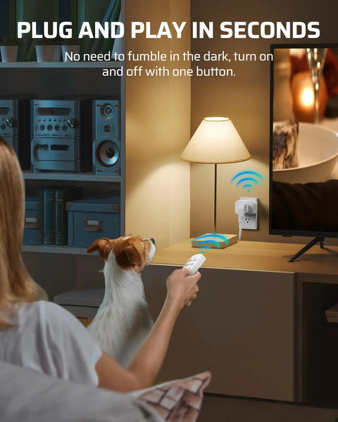 Person using wireless outlet switch kit with 3 outlets remote control, showing home automation in action, ideal for elderly and pregnant.