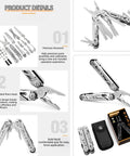 All In One 16 In 1 Multitool Pliers with spring-loaded head, knife, scissors, saw, screwdriver bits, nylon pouch for camping.