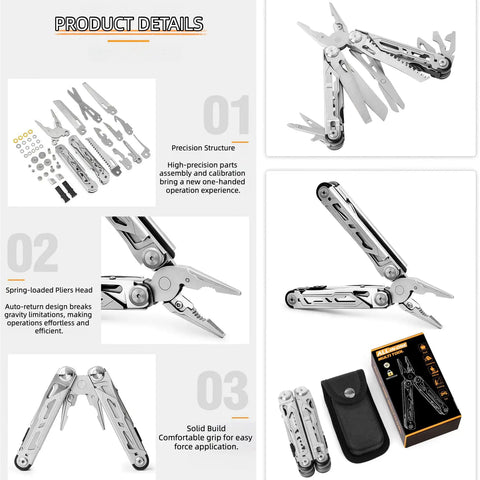 All In One 16 In 1 Multitool Pliers with spring-loaded head, knife, scissors, saw, screwdriver bits, nylon pouch for camping.