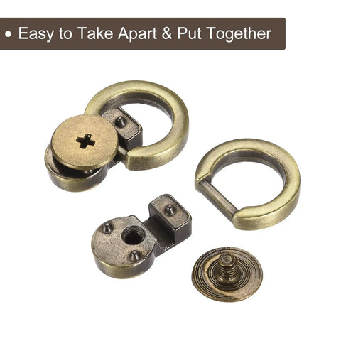 Rock Solid Ball Stud Rivet Kit Four Pieces With Attached D Rings And Swivel Hooks For Leather Crafts Purse Chains And Diy Repairs Bronze Zinc Alloy Hardware Straight Fire, showing four hardware pieces including swivel hooks.