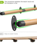 52 Inch Wood Handrail For Indoor Stairs With Wall Mount And Metal Brackets, close-up of smooth beech wood and secure metal connections.