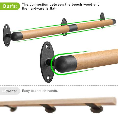 52 Inch Wood Handrail For Indoor Stairs With Wall Mount And Metal Brackets, close-up of smooth beech wood and secure metal connections.