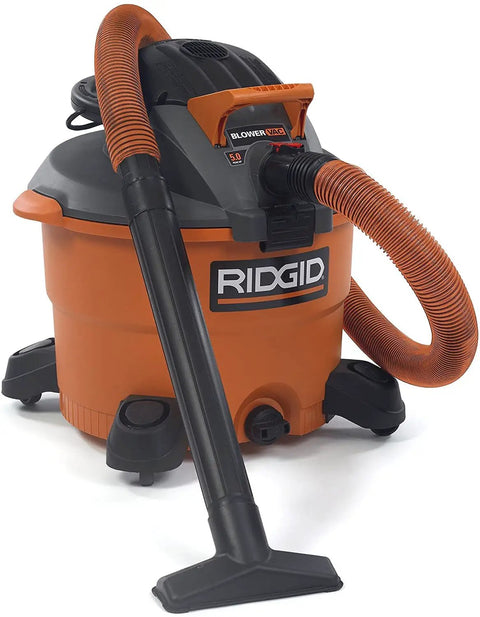 Heavy Duty Wet Dry Vacuum And Blower With 12 Gallon Capacity And 5 Peak Horsepower Detachable Leaf Blower Head for workshop use.
