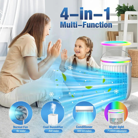 Mother and daughter enjoying cooling breeze from 4 In 1 Personal Evaporative Air Cooler With 1200ml Water Tank, 7 Night Lights visible