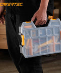 Stackable Tool Box Organizer With Removable Dividers Creating Up To 17 Compartments Interlocking And Portable Design 2 Pack Perfect For Small Parts Nuts Bolts Screws And Other Hardware being carried by hand