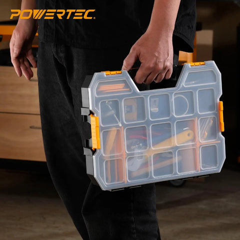 Stackable Tool Box Organizer With Removable Dividers Creating Up To 17 Compartments Interlocking And Portable Design 2 Pack Perfect For Small Parts Nuts Bolts Screws And Other Hardware being carried by hand