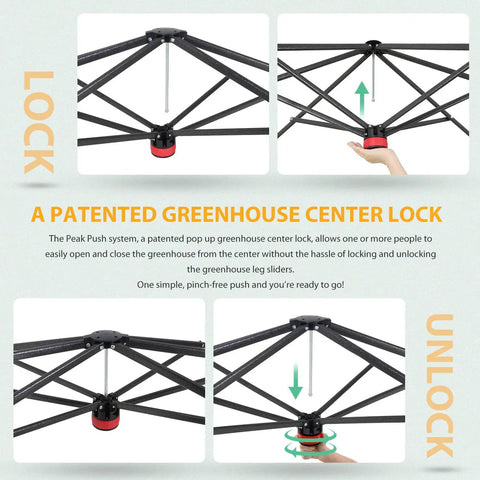 8x6 Portable Walk In Greenhouse Pop Up Indoor Outdoor Garden Shelter Kit With Zippered Doors And Windows PE Cover Clear Green No Tools Needed Center Lock Quick Setup center lock mechanism