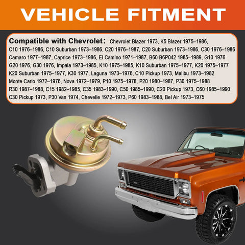 Mechanical Fuel Pump With Spring Plug And Play Direct Fit For Classic GM Cars next to vintage Chevrolet truck.