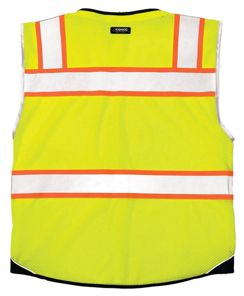 Mens High Visibility Reflective Safety Vest Premium Black Bottom Zipper Ansi Class 2 Construction Utility Workwear Lime Green Large back view with reflective tape.
