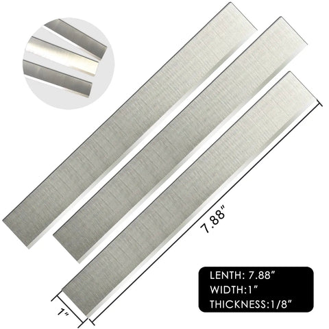 Built Tough Replacement Planer Blades For 8 Inch Thickness Planers High Speed Steel Knives With Killer Edge For Knockout Woodworking Performance And Daily Shop Grind Three Pack, three high speed steel blades, 7.88" length.