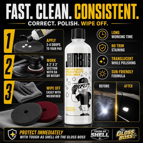 Picture Perfect Polish One Step Correction For All Paint Finishes Removes Swirls Scratches And Oxidation In One Easy Step Safe On Clear Coat Single Stage And Ceramic Coatings Delivers Showroom Shine Slick Gloss Ready For Protection. 16 oz bottle with pad and microfiber