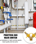 Hardened Brass Three Way Ball Valve With Dual Handles Quick Connect Y Pattern Body For Gas And Pneumatic Systems Built Tough With Rock Solid Seals No Sweat Operation Guaranteed in plumbing setup.