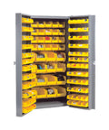 Built Tough Industrial Storage Cabinet With Full Swing Doors And 144 Yellow Plastic Sorter Bins For Garage Ready Organization, open view showing bins.