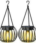 Two Pack 15 Inch Outdoor Solar Lantern Lights, Decorative Metal Hanging Lanterns, IP65 Waterproof for Garden Yard and Patio, Auto On at Dusk, Long Lasting Brightness for Cozy Nighttime Ambiance.