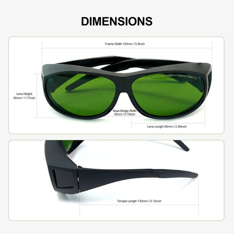 Kickass Od6 Plus Laser Safety Glasses dimensions showing frame, lens, and temple lengths for laser protection projects.
