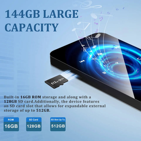 144GB Bluetooth MP3 Player With HiFi Sound Built In Speaker FM Radio Voice Recorder Earphones Included Portable Digital Music Player showing 144GB capacity with SD card slot.