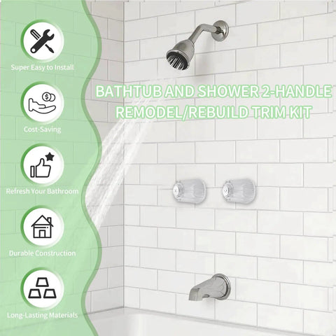 Diagram of 2 Piece Shower Handle Remodel Kit For Verve Faucets showing clear acrylic stems, faucet, and showerhead installation.