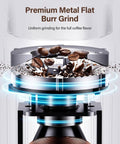 Real Deal Flat Burr Coffee Bean Grinder Built Rock Solid With 32 Crisp Grind Settings And 40 Second Timer For Drip Pour Over French Press Cold Brew And Espresso with flat burr mechanism and coffee beans.