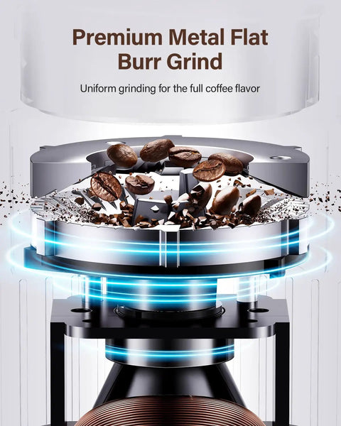 Real Deal Flat Burr Coffee Bean Grinder Built Rock Solid With 32 Crisp Grind Settings And 40 Second Timer For Drip Pour Over French Press Cold Brew And Espresso with flat burr mechanism and coffee beans.