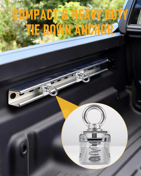Heavy Duty Stainless Steel Strut Channel Nut And Eye Bolt Set With Long Zinc Plated Springs For Unistrut Systems M8 And M10 Eye Bolts Pack Of 8 Versatile Nut And Bolt Kit For Bed Rails And Utili Track Installations, installed on truck bed rail